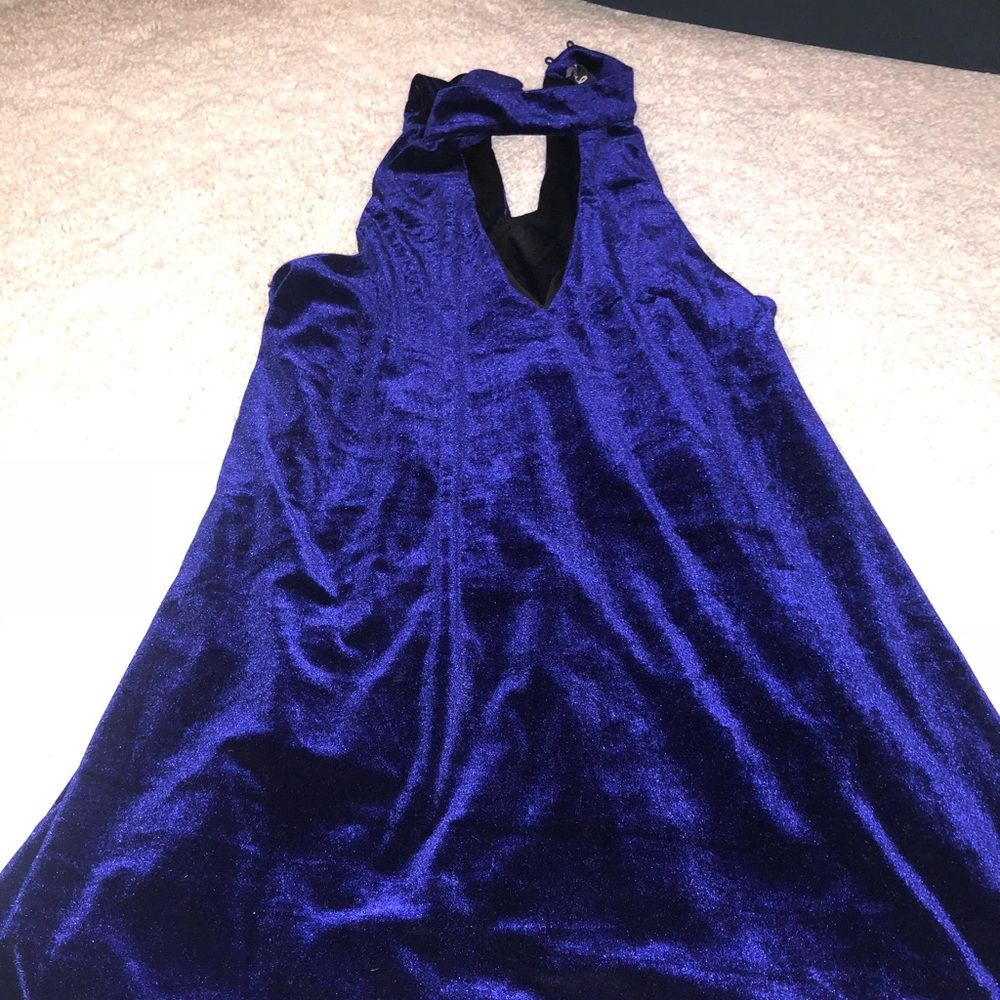 Blue velvet halter neck dress